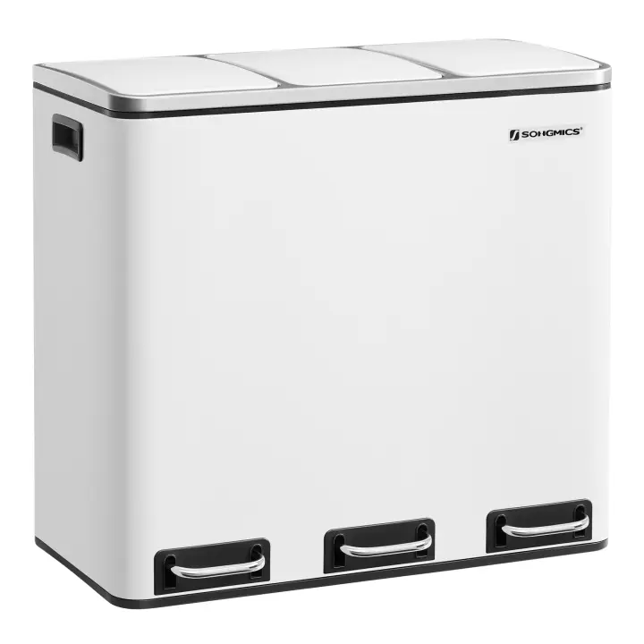 SONGMICS Cubo de Basura para Cocina, 3 x 18 L, 3 Compartimentos para Reciclaje, Residuos, Restos de Comida, Tapas de Cierre suave, Pedales, Cubetas, Acero, Beige Arena/Blanco Nube/Gris Verdoso/Negro Tinta/Plata Metálico y Negro Tinta - 1