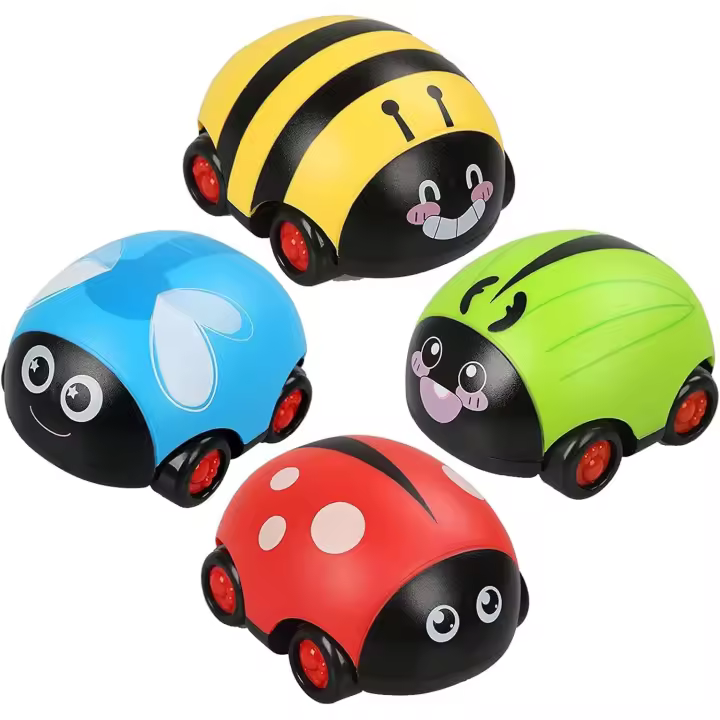 Coches de cuerda para bebé, coches de juguete con fricción y retroceso, vehículos de empuje y marcha, 4 coches de retroceso con linda forma de insecto - 1
