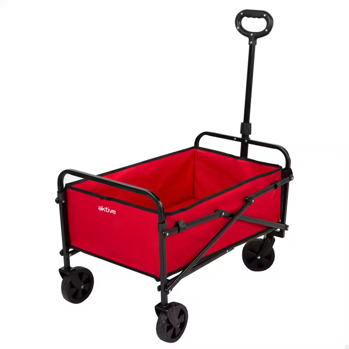 Aktive - Carro transporte plegable, 65x40x48/94 cm, rojo, con 4 ruedas Ø12 cm, capacidad de carga 60 kg, mango ajustable 2 alturas, estructura de acero, tejido poliéster, carrito playa con ruedas, carro transportador - 1
