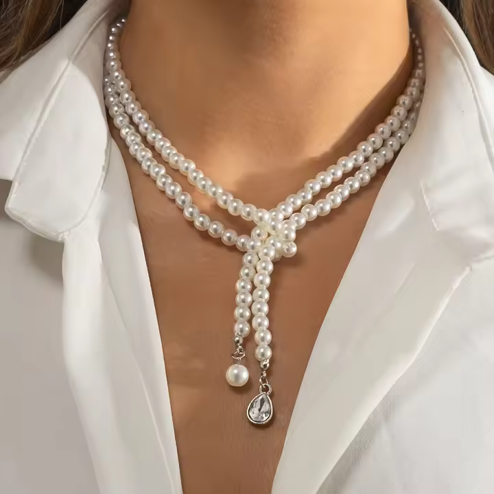 Collar francés con cuentas de temperamento para mujer, forma delicada y elegante, clásico para siempre blanco - 1