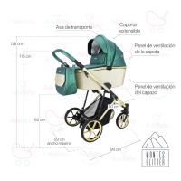 Carrito Montes Verde Glitter Dorado 2 piezas AdaBaby, Dos piezas: capazo y silleta, Bolso, cobertura de lluvia, mosquitera, botellero y cubrepiés, Silleta hasta 22kg, plegable con el chasis en ambos sentidos, Tejidos de ecopiel y capotas de brillo - details 0
