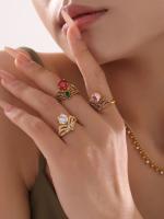 Anillos Vintage en forma de corona de acero inoxidable con circón colorido para mujer, anillo chapado en oro de 18k,joyería al por mayor de alta gama huevo de Paloma de lujo Zirconia grande apertura lateral anillo de acero inoxidable ajustable para mujer - details 2