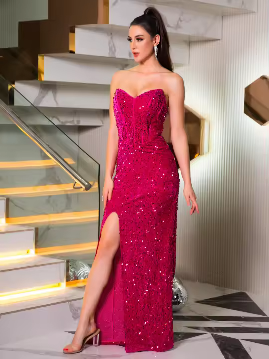 Vestido Largo De Noche Rosa Con Lentejuelas Romagic Para Mujer Sin Espalda Vestido De Novia De Seda Mermaid Para Fiesta De Verano 2025 - 1