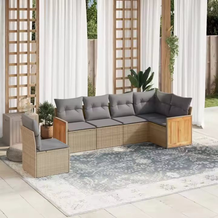 vidaXL Juego de sofás jardín con cojines 6 pzas ratán sintético beige - 1