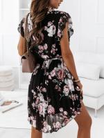 Vestido De Verano Con Encaje Y Estampado Floral De Cintura Larga Estilo Elegante Con Cuello En V Y Mangas Cortas Volantes - details 1