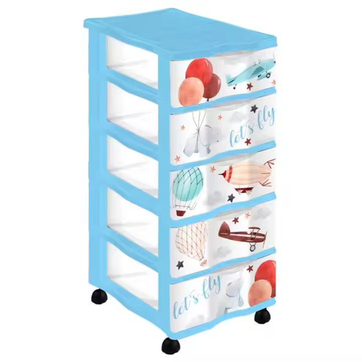 Tradineur - Cajonera de plástico con ruedas, modelo Let's Fly, 5 cajones transparentes, torre almacenaje, juguetes, dormitorio infantil, niños, fabricada en España (Azul - 36 x 28 x 65,5 cm) - 1