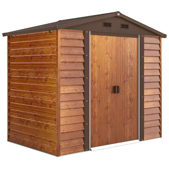 Outsunny Caseta de Jardín Exterior 3 m² 235,7x152x208,7 cm Cobertizo de Jardín Exterior Metálica con 2 Puertas Corredizas y 4 Ventanas para Almacenamiento de Herramientas Efecto Madera Natural y Café - 1