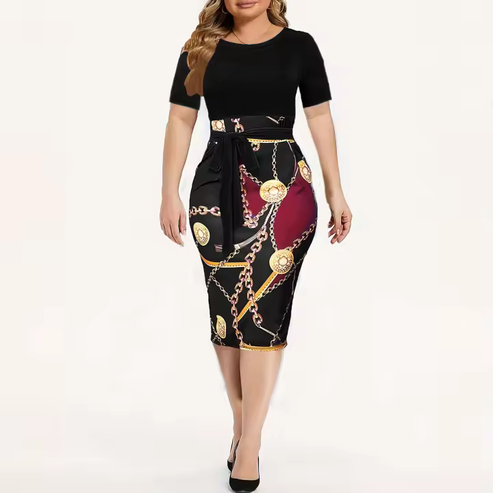 Vestido De Encaje Con Estampado De Cadena Para Mujer Estilo Office Lady Cuello Redondo Manga Corta Ligero Estiramiento Ajustado Con Cinturón - 1