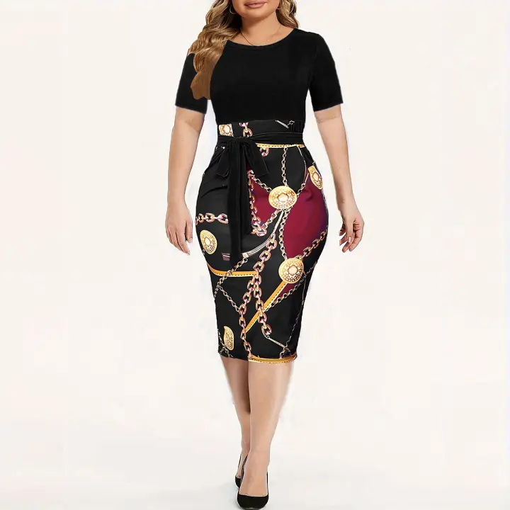 Vestido De Encaje Con Estampado De Cadena Para Mujer Estilo Office Lady Cuello Redondo Manga Corta Ligero Estiramiento Ajustado Con Cinturón - 1