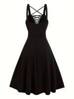 Vestido Gótico De Tamaño a Con Cierre Cruzado En V Profundo Color Sólido Cintura Alta Vestido De Verano Para Mujeres - details 1