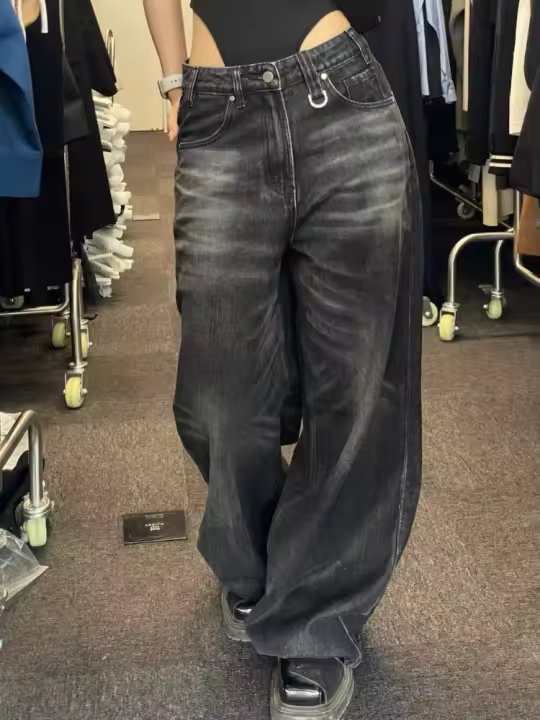 HOUZHOU Jeans Vintage Negros De Pierna Ancha Para Mujer Alta Calle Moda Coreana Pantalones Denim Gruesos Y2k Hip Hop - 1