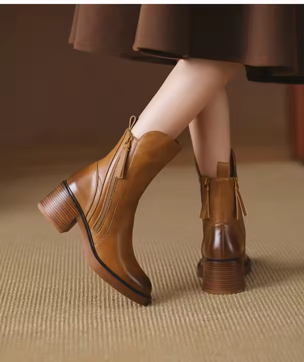 Botas Cortas De Cuero Para Mujer Otoño Invierno Con Tacón Chunky Cierre De Cremallera Botas De Tobillo Plataforma Modernas Talla Grande Confort Transpirables - 1