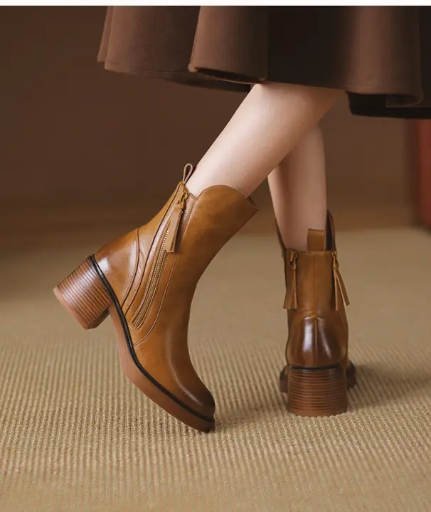 Botas Cortas De Cuero Para Mujer Otoño Invierno Con Tacón Chunky Cierre De Cremallera Botas De Tobillo Plataforma Modernas Talla Grande Confort Transpirables - 1