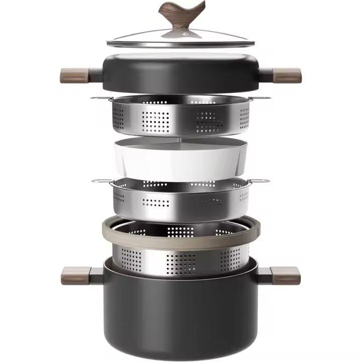 Inducción Juego de ollas y sartenes con tapa Antiadherente Baterías de cocina con revestimiento cerámico Sartén con vaporera de acero inoxidable Cacerola con colador para pasta incorporado - 1