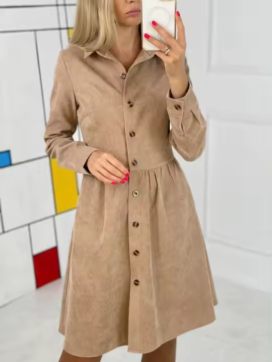 Vestido Largo De Corduroy Para Mujer Estilo Oficina Lady Con Cuello En V Y Botones Manga Larga Cierres De Botones Silueta Ajustada Y Flared - 1