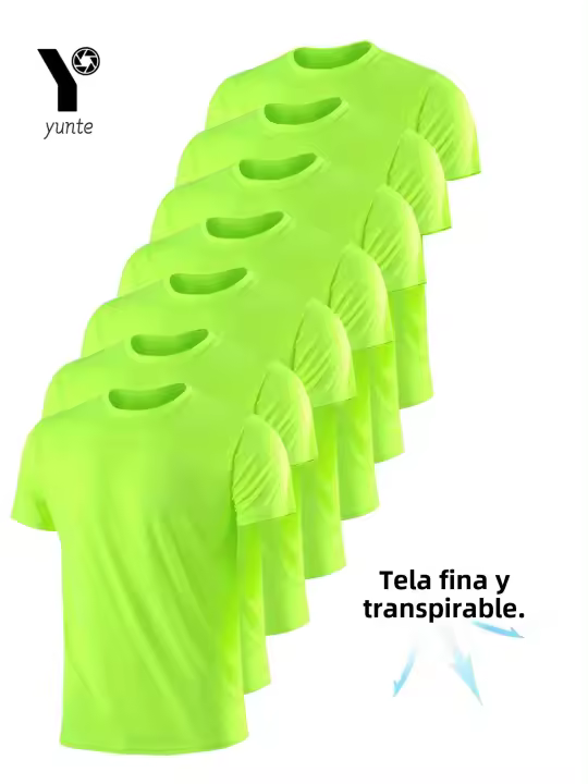 Pack De 7 Camisetas De Hombre En Verde Fluorescente Ultraligero Secado Rápido Transpirable Para Fitness Gimnasio Y Correr - 1