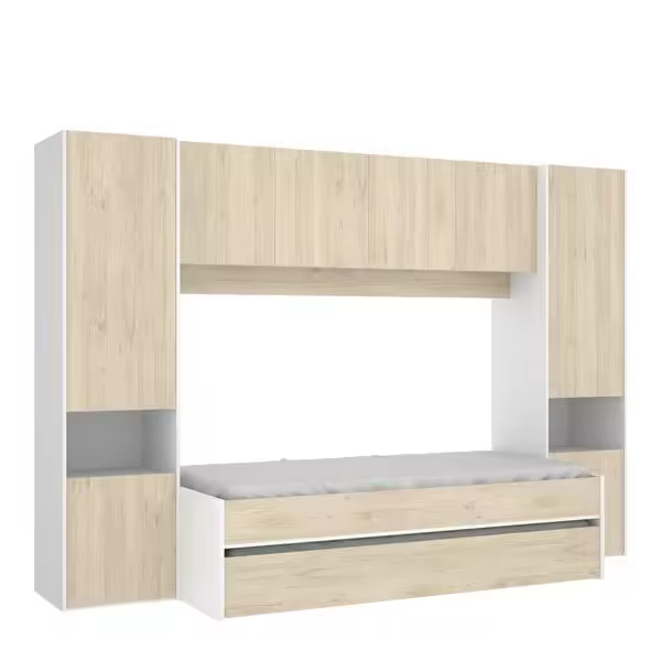 Conjunto de Dormitorio Dekit: 2 Camas Kwai con Armario y Altillo Blanco/natural - 1