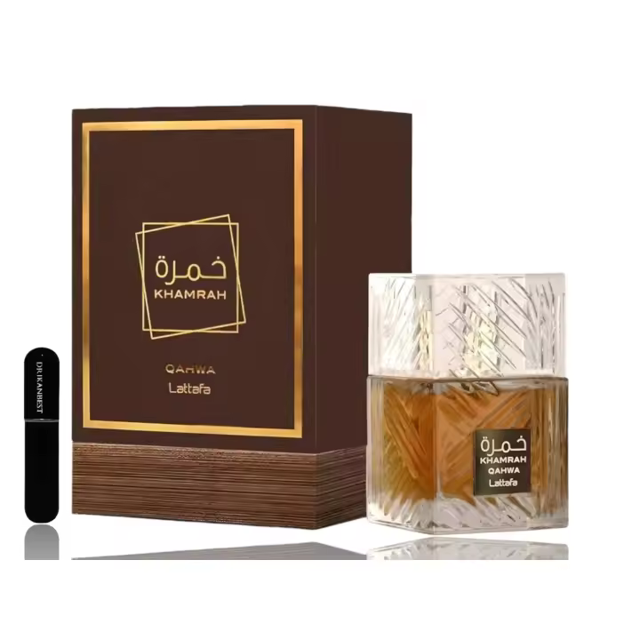 Perfume Khamrah Qahwa Lattafa (ORIGINAL)100Ml Unisex, Aroma intenso café y vainilla, Fragancia Árabe larga duración, con Sello de calidad Made In Dubái+REGALO Atomizador 5ML DRIKANBEST Recargable - 1