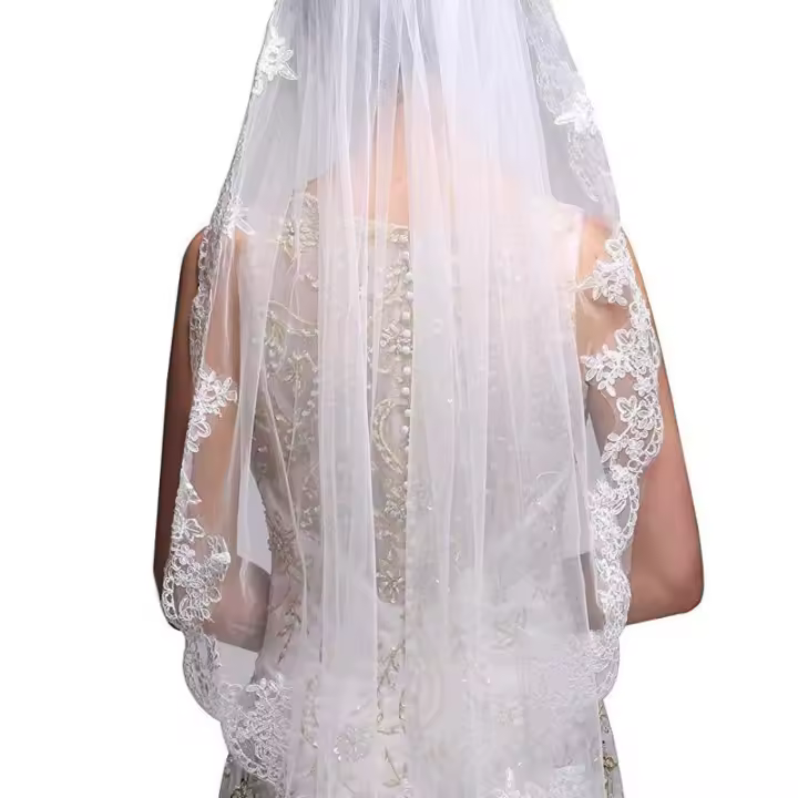 Velo De Novia Corto En Luto Blanco Y Blanca Un Solo Capa Borde De Encaje Velo De Boda De Tules Accesorios De Boda Voile Mariage - 1