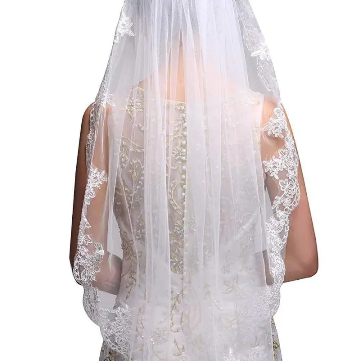 Velo De Novia Corto En Luto Blanco Y Blanca Un Solo Capa Borde De Encaje Velo De Boda De Tules Accesorios De Boda Voile Mariage - 1