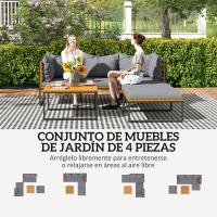 Outsunny Conjunto de Jardín Exterior de 4 Piezas Muebles Jardín Exterior en Forma de L con 2 Sofás de 2 Plazas Sofá de Esquina y Mesa de Centro de Madera de Acacia con Cojines Acolchados Gris y Teca - details 3