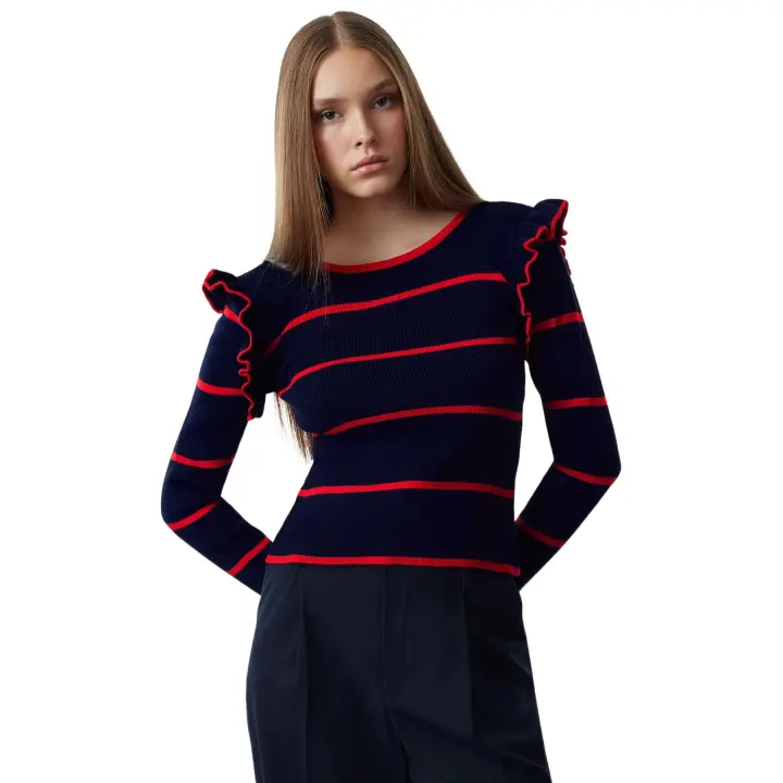 Trendyol Navy Blue Shoulder Flounce Striped Knitwear Sweater Twoaw25Kz00243 - 1