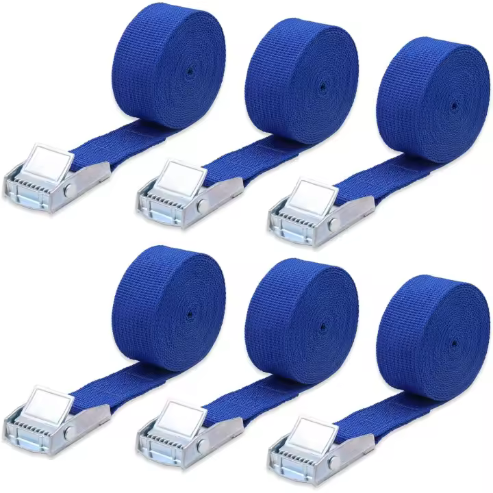 Correa de amarre, paquete de 6, 2,5 cm x 2,5 m, con Correa de sujeción con correa de Ajuste, Correa de amarre para portabicicletas de motorteta, Correa de amarre extremadamente resistente, Azul, carga de hasta 250 kg - 1