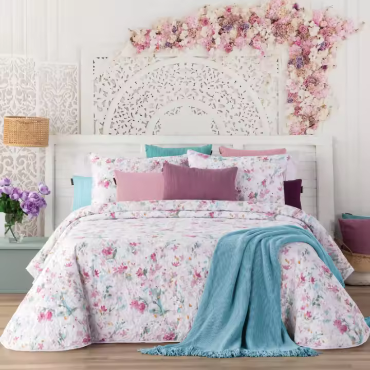 Colcha Bouti Manterol 242 Stencil Flores Reversible - 1