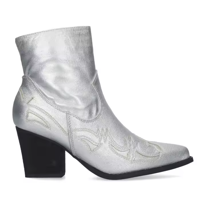 PuntoSalao Botines plateados camperos tacón medio estilo cowboy para mujer - 1