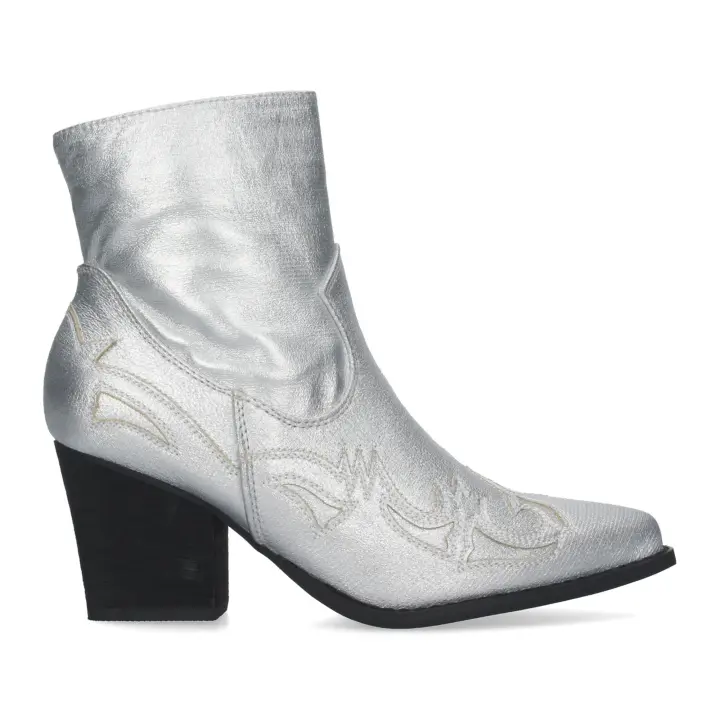 PuntoSalao Botines plateados camperos tacón medio estilo cowboy para mujer - 1