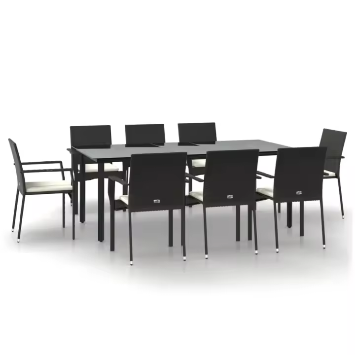 vidaXL Set de comedor de jardín 9 pzas y cojines ratán sintético negro - 1