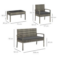 Outsunny Conjunto de Jardín de Ratán Sintético Juego de 4 Piezas Muebles de Jardín con 2 Sillones 1 Sofá de 2 Plazas y 1 Mesa de Centro de Tablero de Vidrio para Patio Gris - details 2