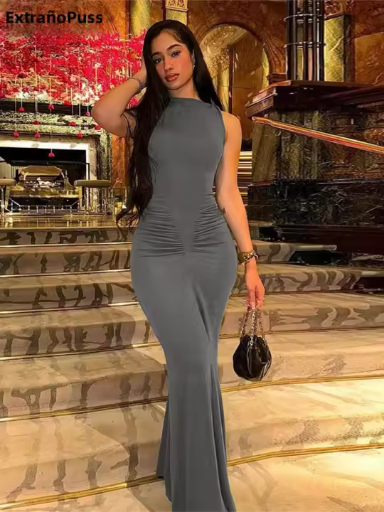 Vestido Elegante Para Mujer Weird Puss Verano 2024 Sin Mangas Cintura Ajustada Maxi Bodycon Sexy De Encaje Suave Vestidos De Calle - 1