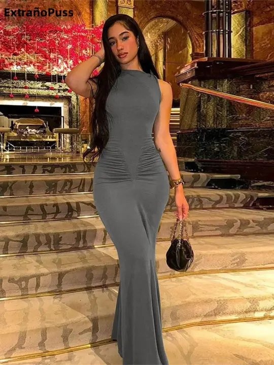 Vestido Elegante Para Mujer Weird Puss Verano 2024 Sin Mangas Cintura Ajustada Maxi Bodycon Sexy De Encaje Suave Vestidos De Calle - 1