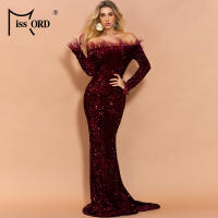 Vestido Elegante De Noche Para Mujer Missord Con Hombros Descubiertos Y Plumas Negro Con Lentejuelas Traje De Baño Fiesta Bodas Silueta De Sirena Ajustado - details 9