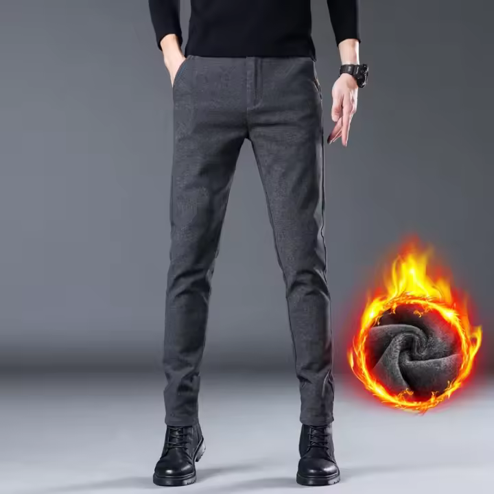 Pantalones Casuales Para Hombre Invierno Terciopelo Grueso Cálido Ajustados Estilo Recto Elásticos Pantalones Largos Para Jóvenes - 1