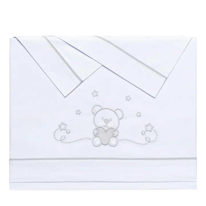 Pekebaby Juego De Sábanas para Coche 35x75 Cm, Bebe Primavera, Verano y Otoño Tipo 100% Algodón Extrasuave Fafricado en España - Mibebestore(bajera+encimera+funda Almohada) - Cuore Blanco/Gris - 1