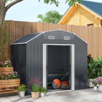 Outsunny Cobertizo de Jardín Exterior 2,7 m² 238x132x198,5 cm Caseta de Exterior Metálica con Base Estantes Ajustables 2 Puertas Corredizas y 2 Ventanas Gris Oscuro - details 1