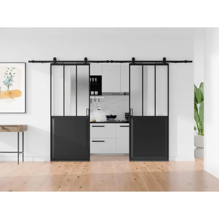 Vente-unique - Puerta corredera estilo taller con riel - Negro y cristal templado satinado - 2 x Alt. 205 x Ancho 83 cm - ARTISTO II - 1