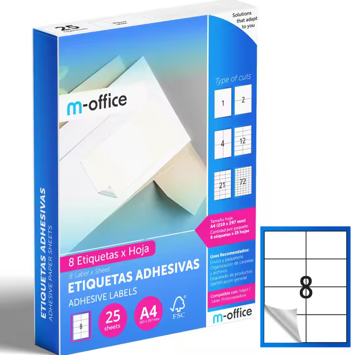 M-office Etiquetas Adhesivas A4 compatible con Label Printer, Pegatinas Blancas Adhesivas para Uso Diario, Papel Adhesivo para Imprimir, Pegatinas para Escribir (8 por hoja, 25h) - 1