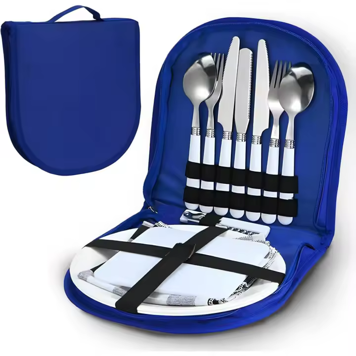 Juego de cubiertos para camping, utensilios de cocina portátiles, 13 en 1, multifuncionales, con bolsa impermeable para camping, picnic y senderismo (azul) - 1
