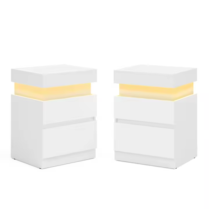 VASAGLE KAILYN Colección - Mesita de Noche con Regleta de Enchufes, Juego de 2, Tapa Deslizante, 2 Cajones, Tira LED, Pequeña Mesa Auxiliar, Estilo Moderno, 35 x 40 x 55 cm, Blanco Nieve/Negro Tinta - 1