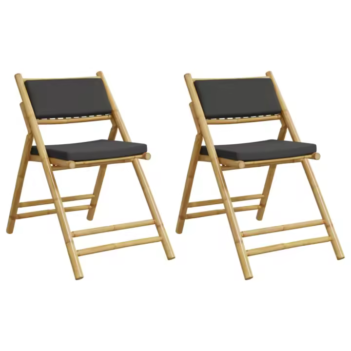 vidaXL Sillas bistro plegables de bambú 2 uds con cojines gris oscuro - 1