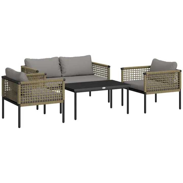 Outsunny Conjunto de Jardín Exterior de Ratán Sintético de 4 Piezas Muebles de Jardín Exterior Incluye 1 Sofá Doble 2 Sillones y Mesa de Centro con Cojines Natural y Gris - 1