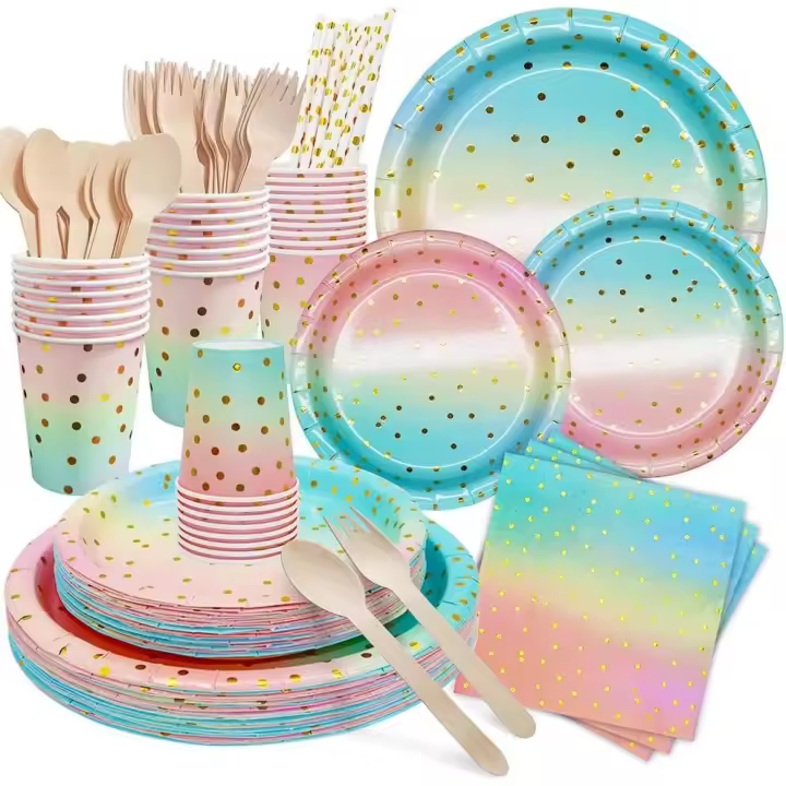 168 piezas de suministros para fiestas de color rosa, 24 piezas de vajilla desechable que incluye platos de papel para fiestas, vasos, servilletas, pajita, tenedor y cuchara de madera - 1