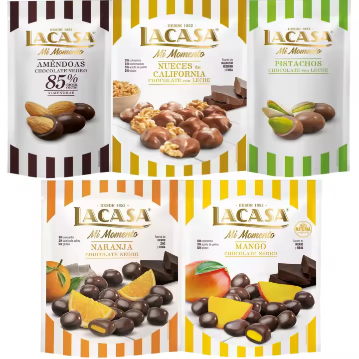 Lacasa Mi Momento pack de 5:Pistacho Chocolate Leche,Almendra 85% ,Nueces Chocolate Leche ,Naranja Chocolate Negro ,Mango Chocolate Negro - 1