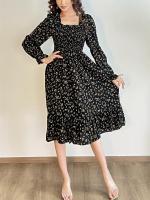 Vestido Midi De Mujer Casual Primavera Otoño Largo Manga Cuello Abierto Floral Impresión A-Line Vestido De Chiffón Con Cintura Elástica Y Cremallera En La Cintura - details 12