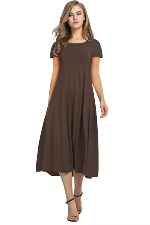 Vestido De Manga Corta Para Mujer Verano 2024 Estilo Casual Color Sólido Cuello Redondo Ajuste Flared Longitud Del Vestido Suelto - 1