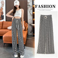 Pantalones Anchos Para Mujer Verano Finos Cintura Alta Drapé Versátil Seda Hielo Cuadros Frescos Pantalones Rectos De Pierna Larga - details 4