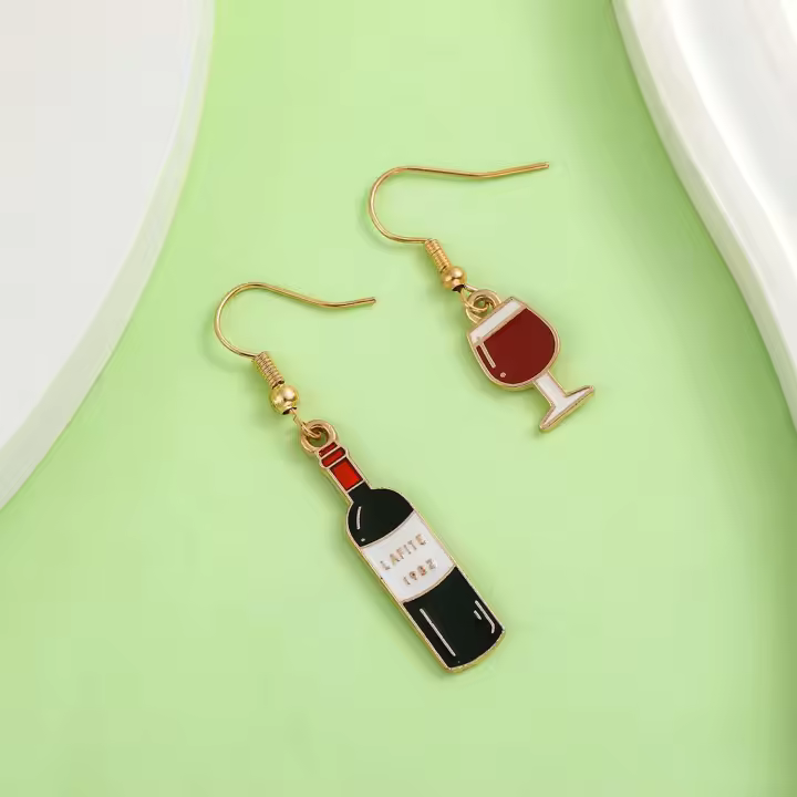 Pendientes Colgantes De Esmalte Asimétricos Con Botella Y Vaso De Vino Tinto Para Mujeres Y Niñas Joyería Regalo De Moda - 1
